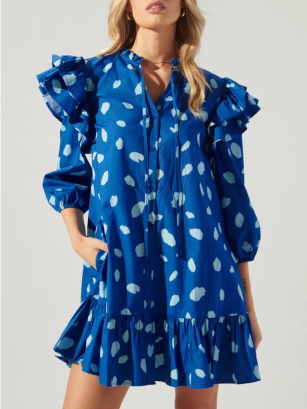 Sugarlips Blue Abstract Dot Print Ruffle Drop-Waist Mini Dress
